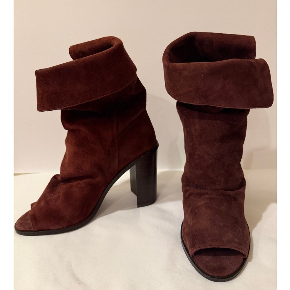 42 Gold Ramada Brown Suede Foldover Peep Toe Booties Size 7 NWOB